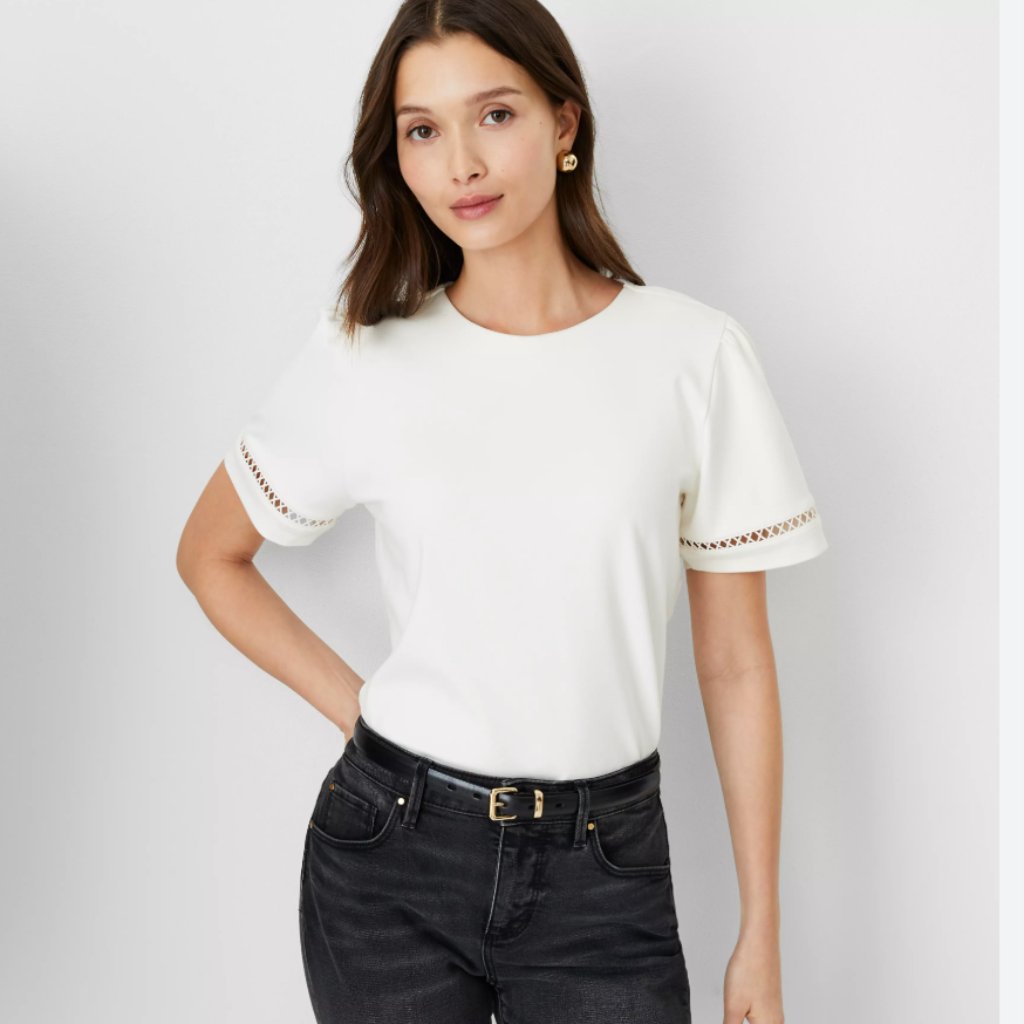 Ann Taylor Lace Inset Puff Sleeve Top - Size L - Nwt
